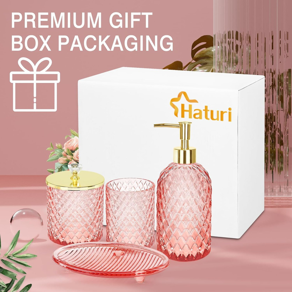 Pink Bathroom Accessories Set, 4 Pcs Glass Bathroom Accessory Set Complete W/Soa