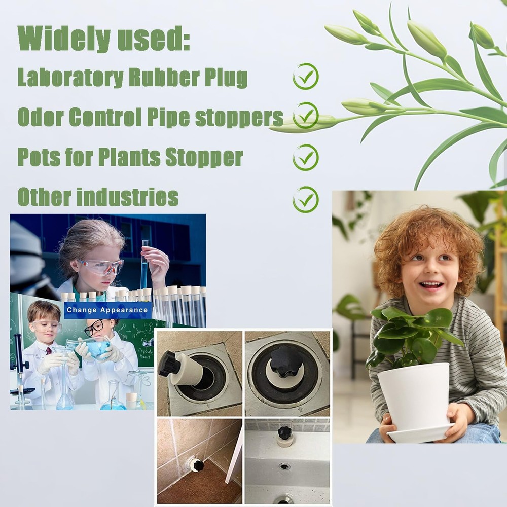 Solid Rubber Stopper,18 pcs Black Corks Plugs Odor Control Pipe