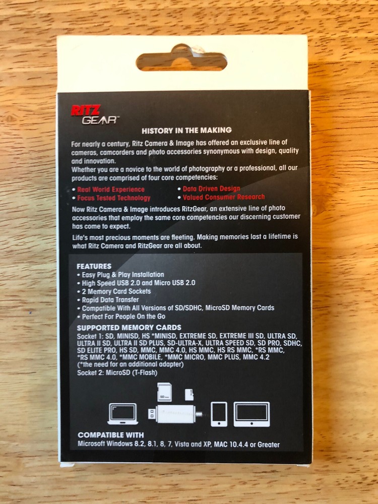 Ritz Gear OTG USB / Micro USB Multi-Function SD / MICRO SD Card Reader NIB