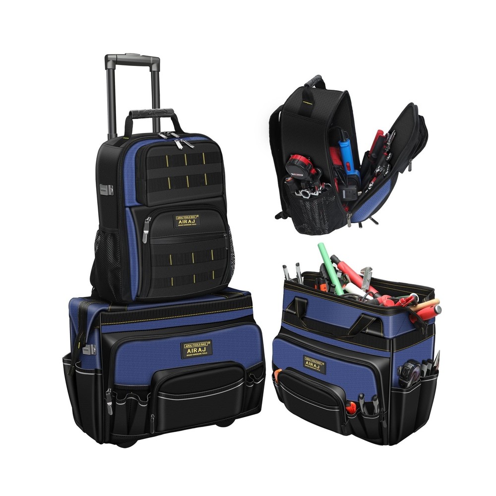 AIRAJ 21" Rolling Tool Bag with Wheels & 18" Tool Backpack Set | Adjustable T...