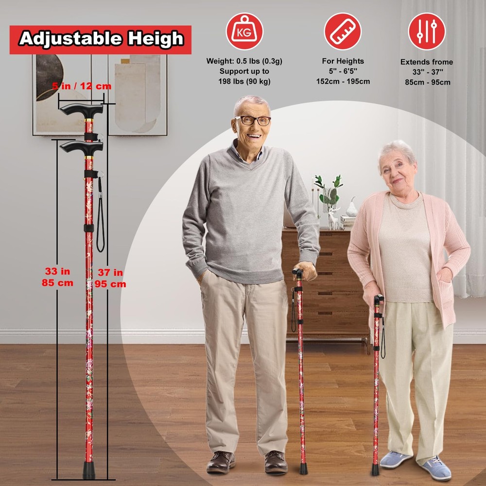 Folding Cane, Portable 5-Level Adjustable Height Walking Stick with Foldable ...
