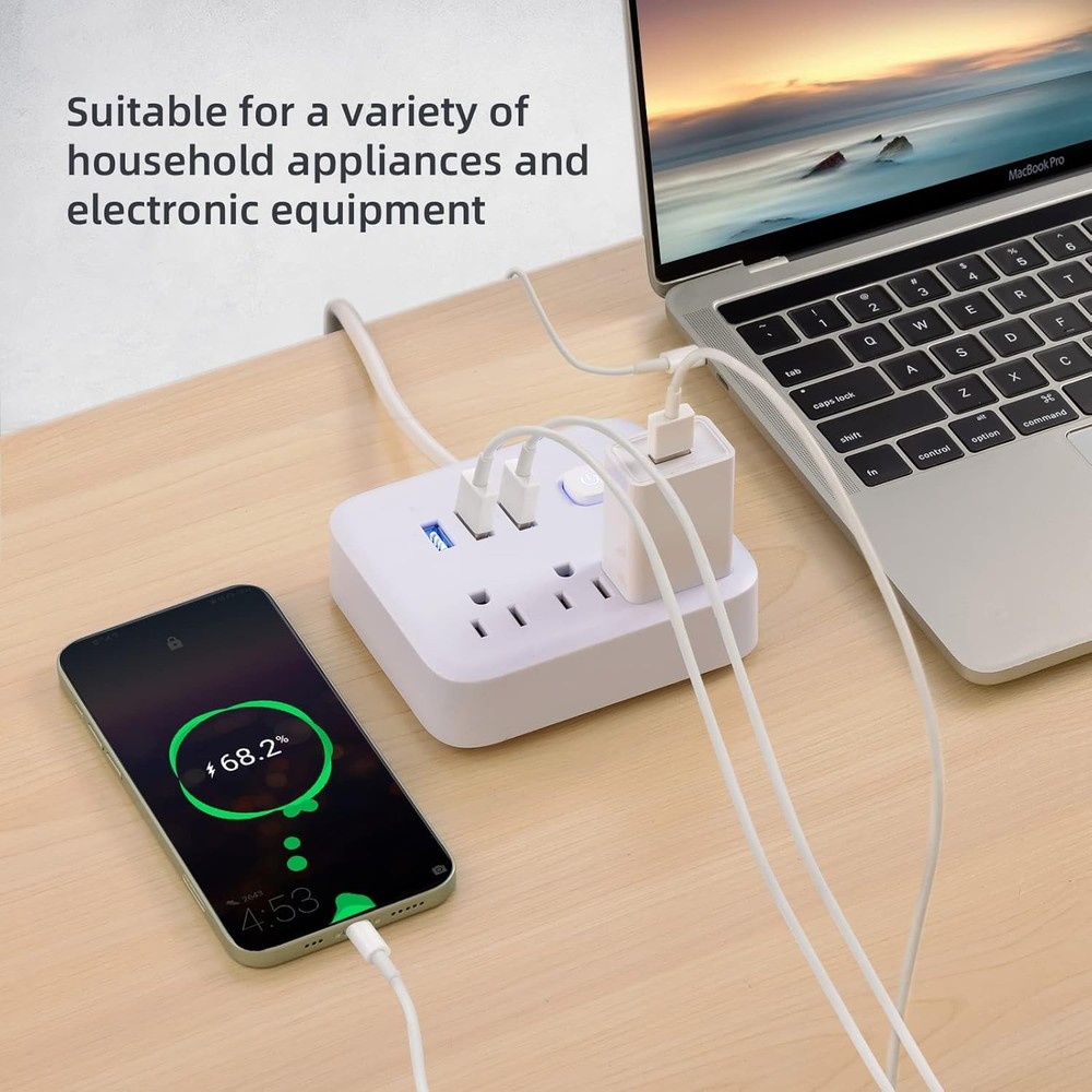 4FT Surge Protector Power Strip - 3 Outlets, 3 USB Ports, One-Touch Control