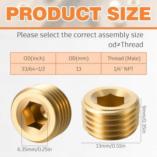 30 Pcs 1/4" NPT Brass Male Pipe Plug Fitting Set Internal Hex Thread Socket