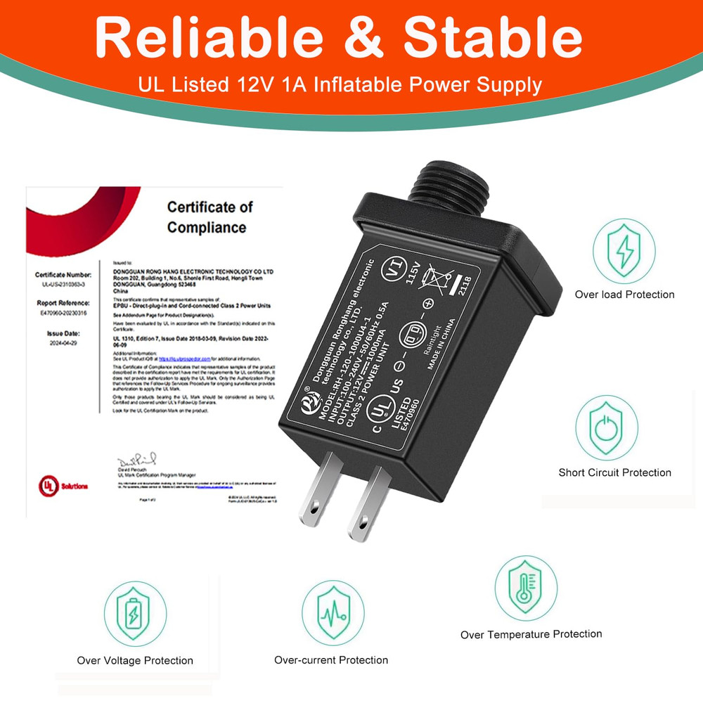 12V 1A Class 2 Power Supply, UL Listed Replacement Yard Inflatable Adapter for C