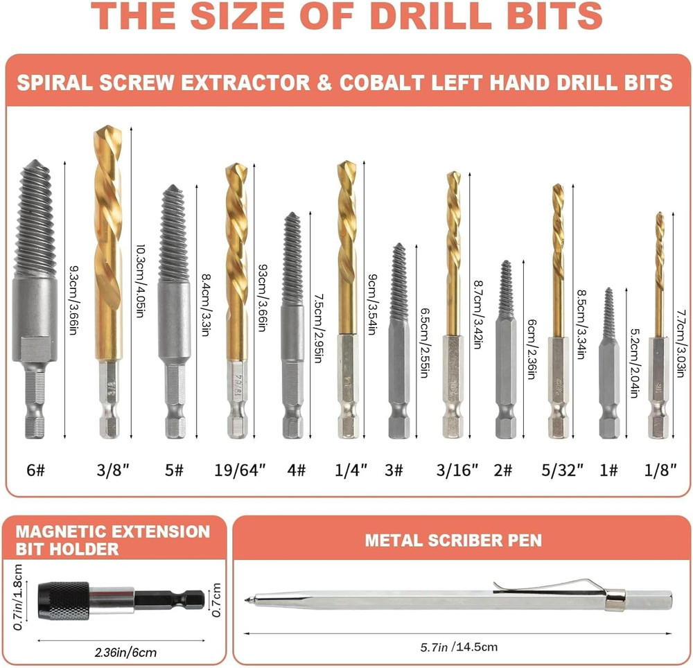 Screw Extractor and Left-Hand Drill Bit Set, Easy Out Broken Bolt Remover Revers