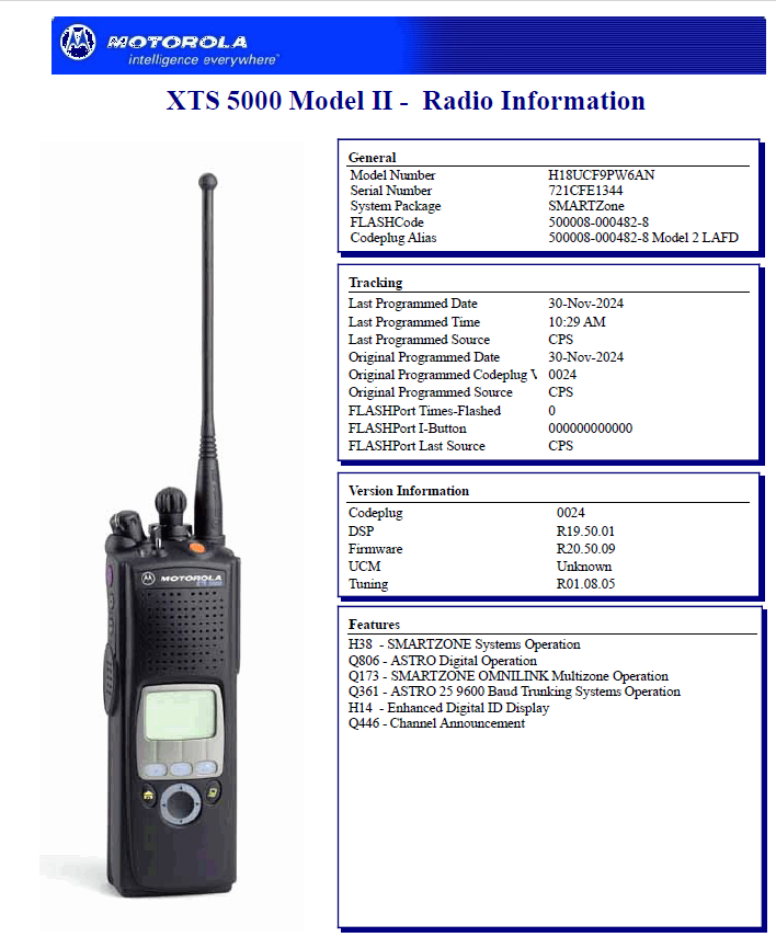 MOTOROLA XTS 5000 M2. LAFD. 700/800 / 500008-000482-8 SCANNER ONLY.