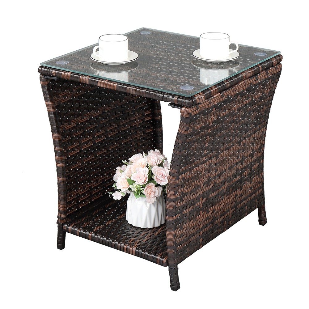 Glass Surface Brown Gradient Iron Frame Rattan Side Table,free ship