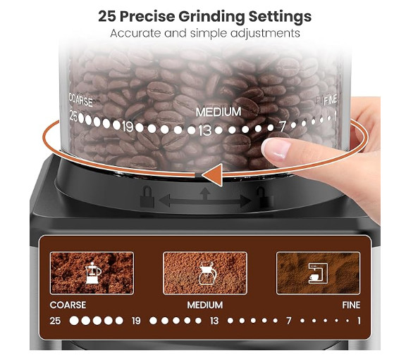 Conical Burr Coffee Grinder – 25 Grind Settings, Timer, Stainless Steel