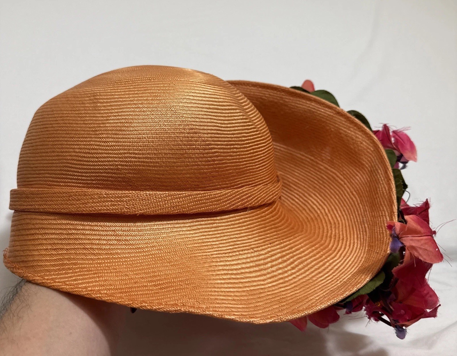Vintage Jack McConnell Red Feather Edition Hat Floral Boho Derby Designer EUC