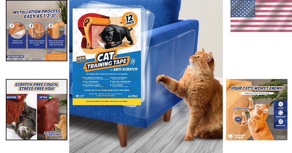 Double-Sided Sticky Tape for Cat Scratch Prevention - 12 Sheets Clear