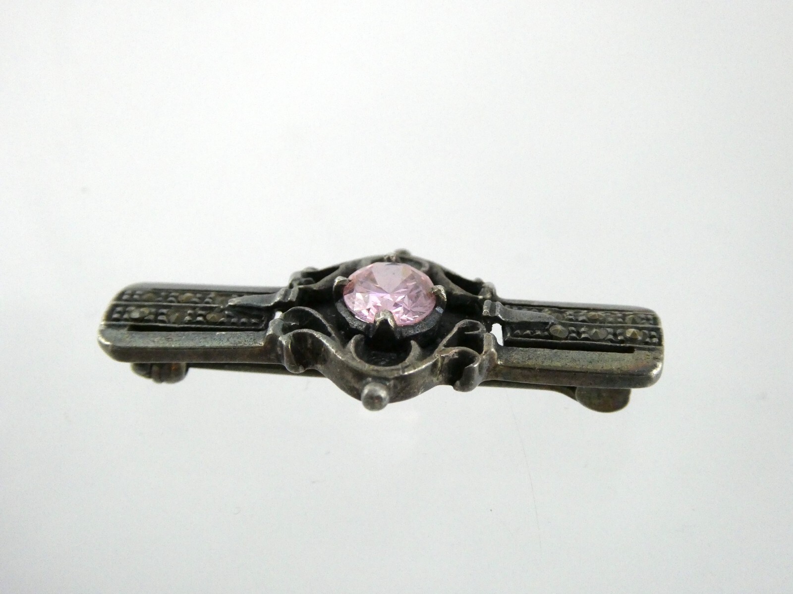 Sterling Silver Pink CZ and Marcasite Studded Bar Brooch Pin 925 6.7g 1.5 Inches