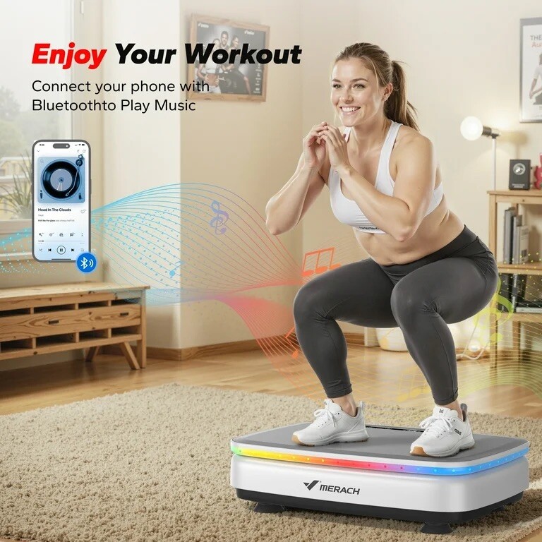 MERACH Vibrating Plate Exercise Machine Bluetooth 2 Tension Ropes LED