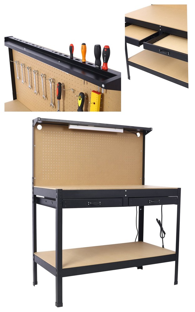 Steel Workbench Tool Storage w/Drawer and Peg Board & Power Outlets & LED Light