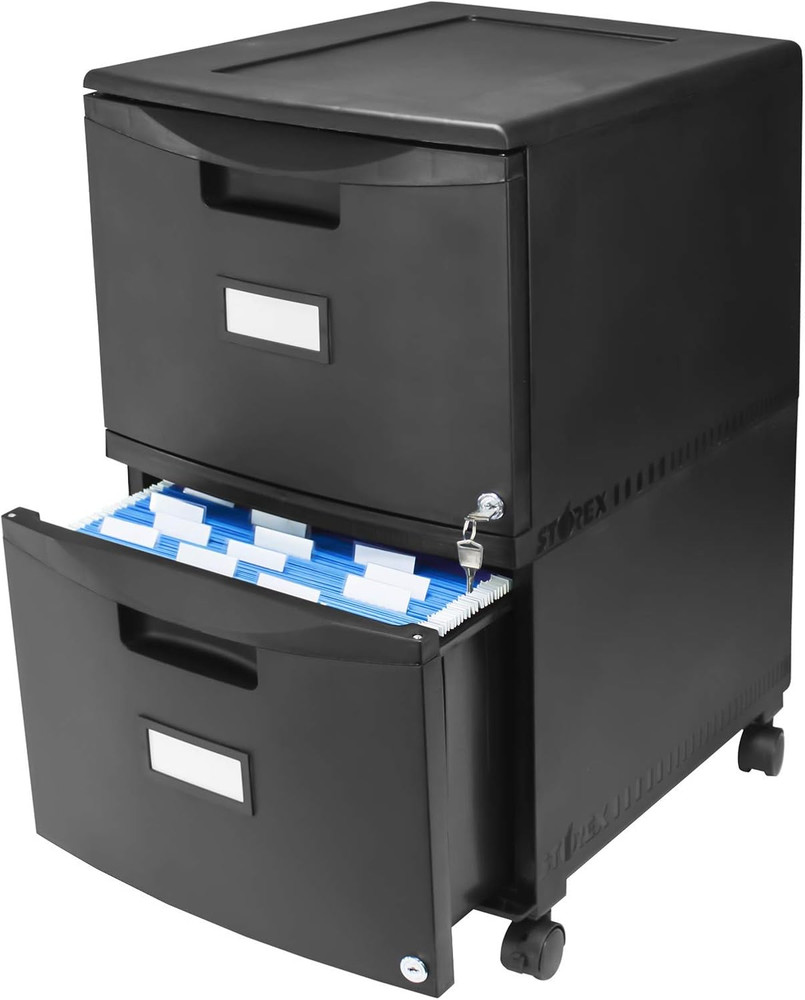 Plastic Two-Drawer Mobile Pedestal File Cabinet – Locking Document Organizer wit