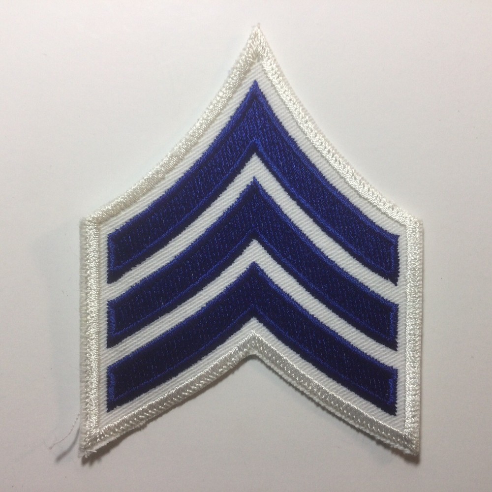 (2) Sergeant Chevron - 3 ROYAL BLUE stripes on White Patch (White Border)