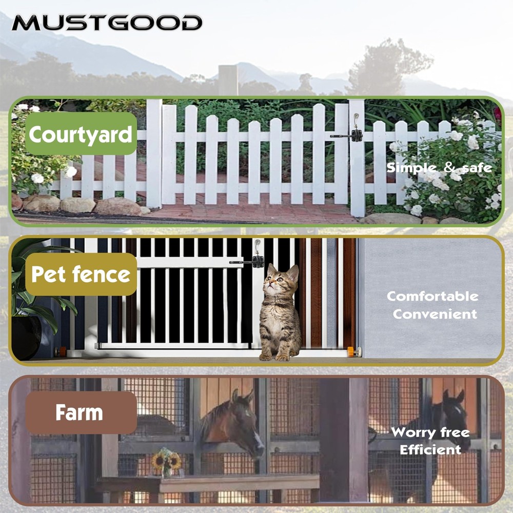 MustGood Self-Locking Gate Latch with Stainless Steel Spring Cable Pull Black