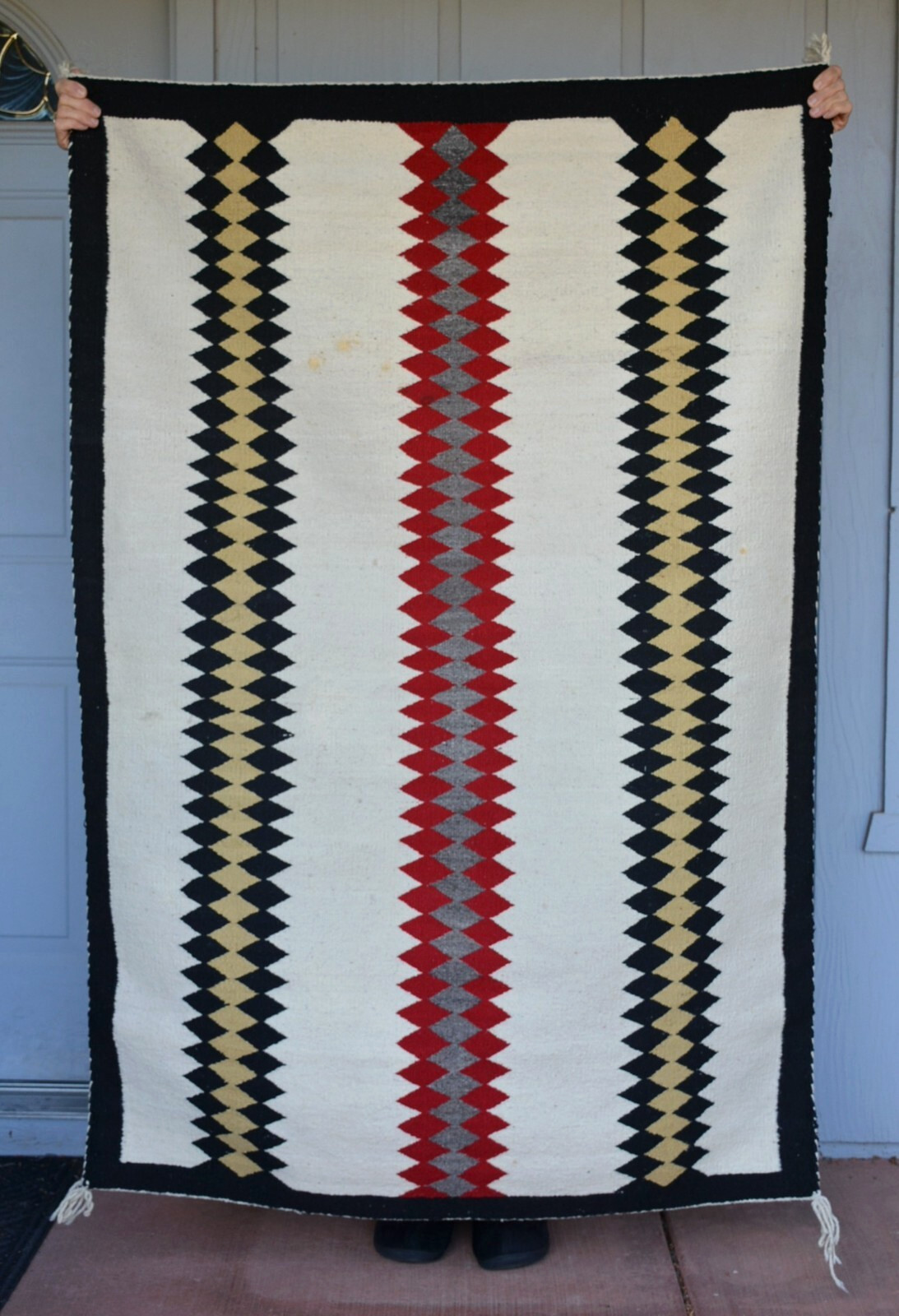 Old Navajo Rug -  Red Black Tan Grey Vertical Bands on White Ground - 62 x 42.5