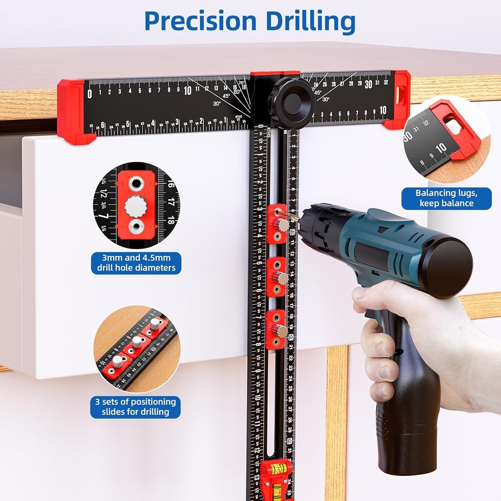 Professional 4 in 1 Drilling Positioning Ruler 14"/35cm Multifunctional T-Squ...