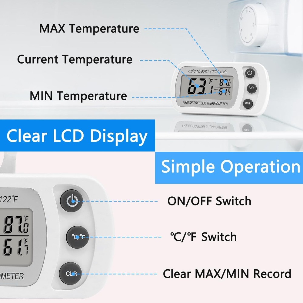 Lasubst Digital Refrigerator Thermometer 2 Pack for Fridge Freezer White