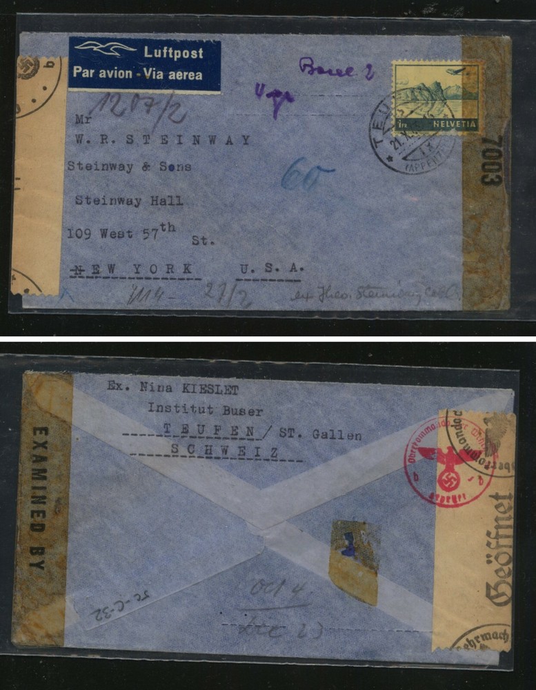 Switzerland  double censor cover  to  US      MS0819
