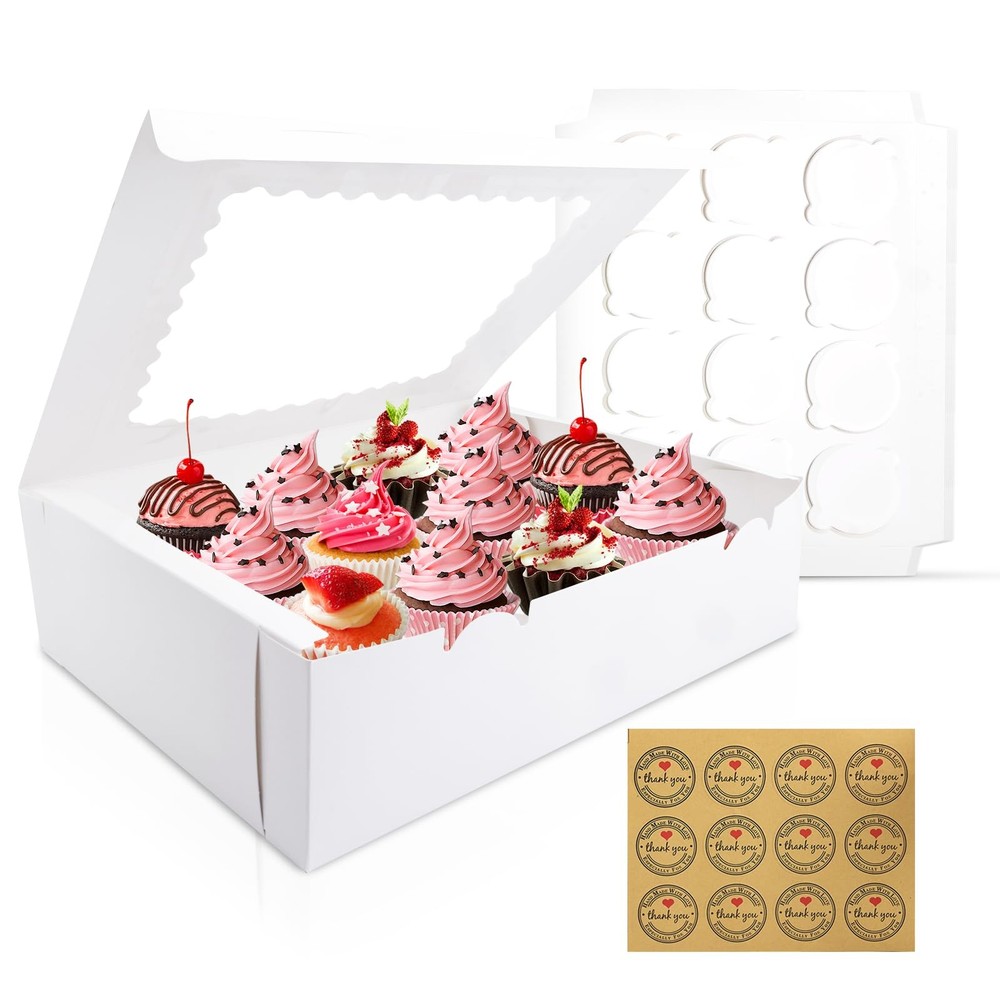 12PCS Cupcake Boxes 12 Count Cupcake Container with Window White Cupcake Hold...