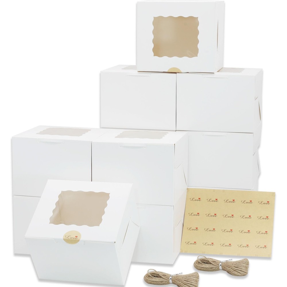 20 PCS Cake Boxes 6x6x5 Inch Bakery Boxes with Window White Cupcake Container