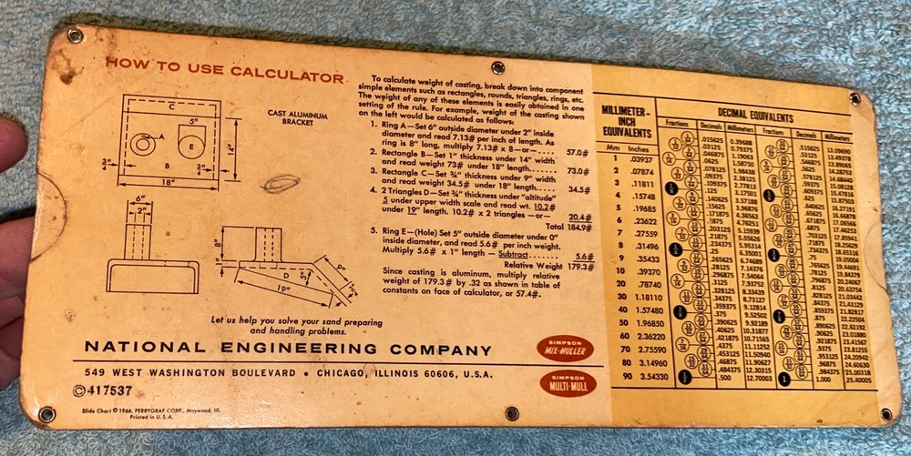 VINTAGE 1966 SIMPSON CASTING WEIGHT SLIDE CHART CALCULATOR Used