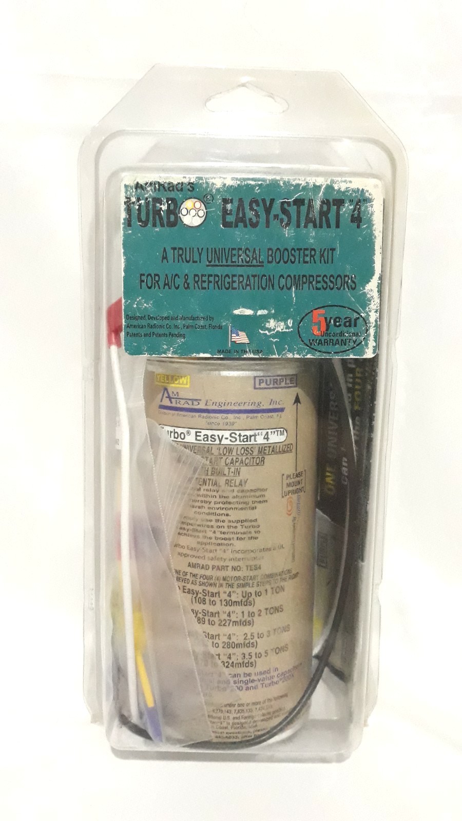 Amrad Turbo Easy-Start "4" Universal Start Capacitor TES4 2 Wire NIB 1-5 Ton