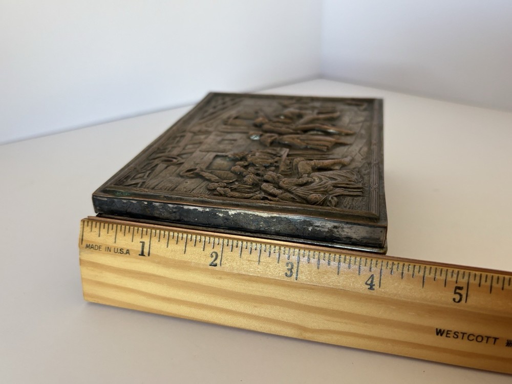 Antique E.G. Webster & Son Silverplate Cigarette Box Repoussé Tavern Scene