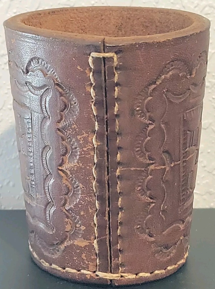 Ornate Handmade Leather Dice Cup (Brown) No Lining White Thread • Unsigned • 3"