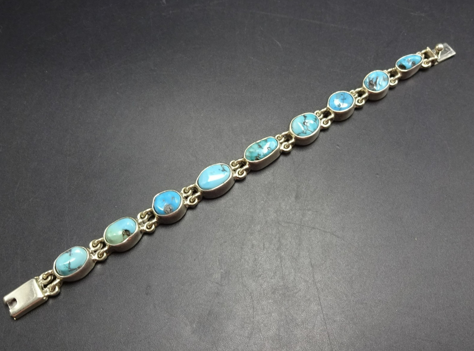FEDERICO JIMENEZ Sterling Silver TURQUOISE Link Bracelet Gorgeous Natural Cabs