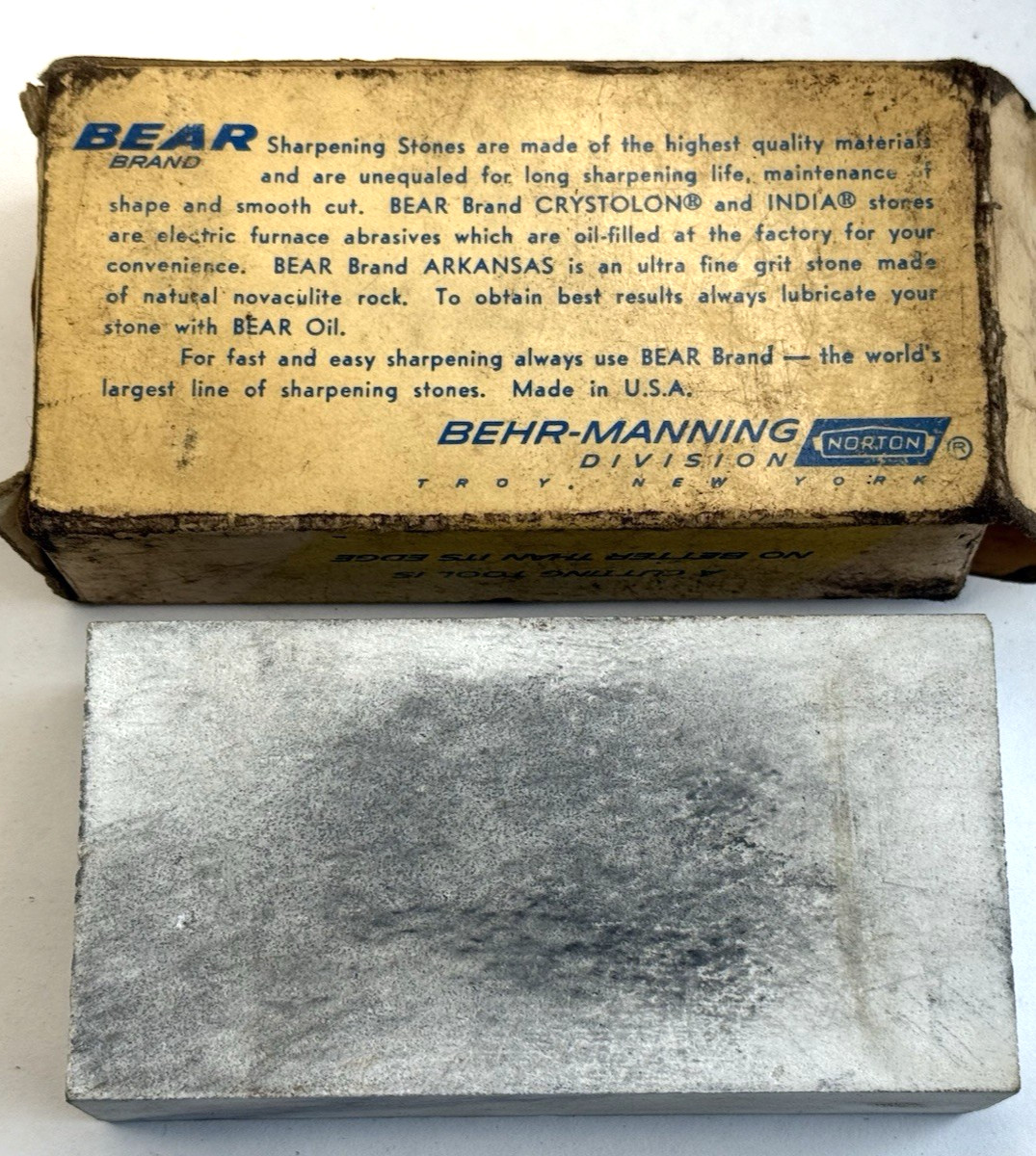 Vintage Norton Bear Brand Soft Arkansas Oilstone SB4 Made In USA / Used