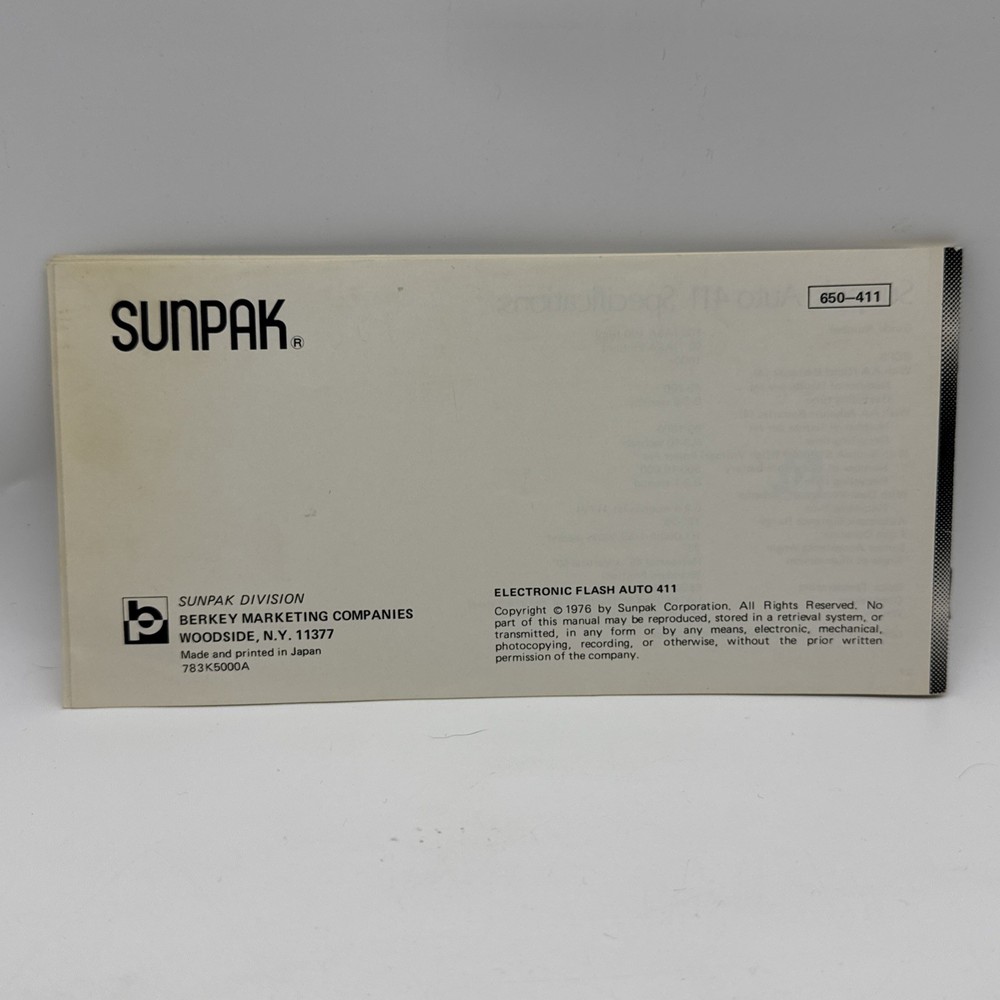 SUNPAK AUTO 411 THYRISTOR FLASH INSTRUCTION BOOK/164280