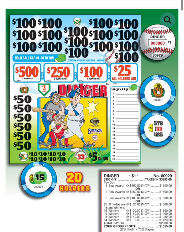 Pull Tickets - Chip Tickets - Holder - Dinger - 3,955 ct