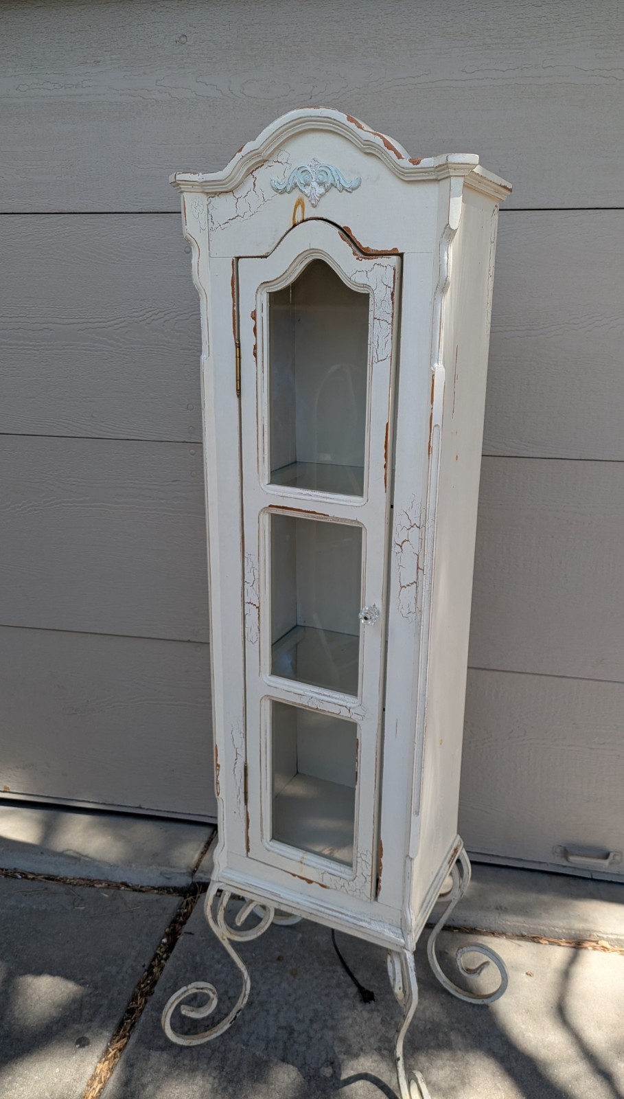 Vintage Shabby Chic French Country Cottage White Curio Display Cabinet Iron Legs
