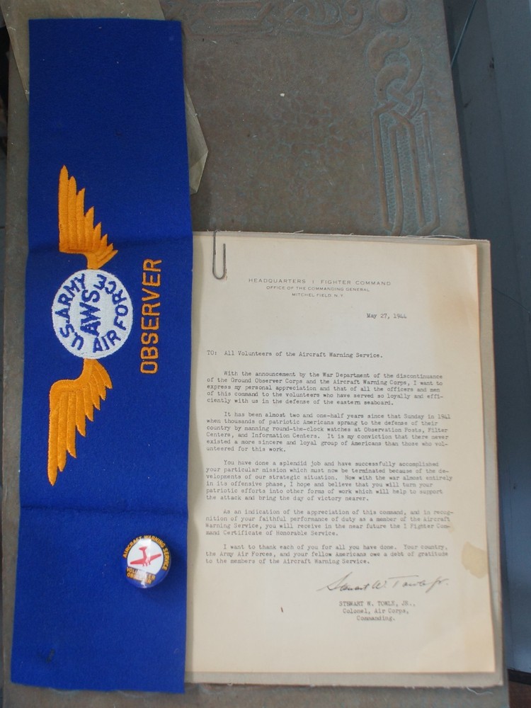 WW2 US Army Air Force Aircraft Warning Service Observer AWS Armband, Pin, Letter