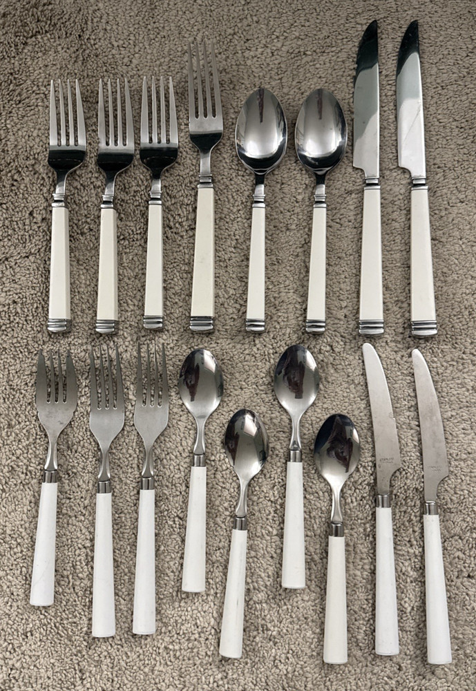 Assorted 17-pc White Plastic Handle Stainless Flatware, China, Taiwan