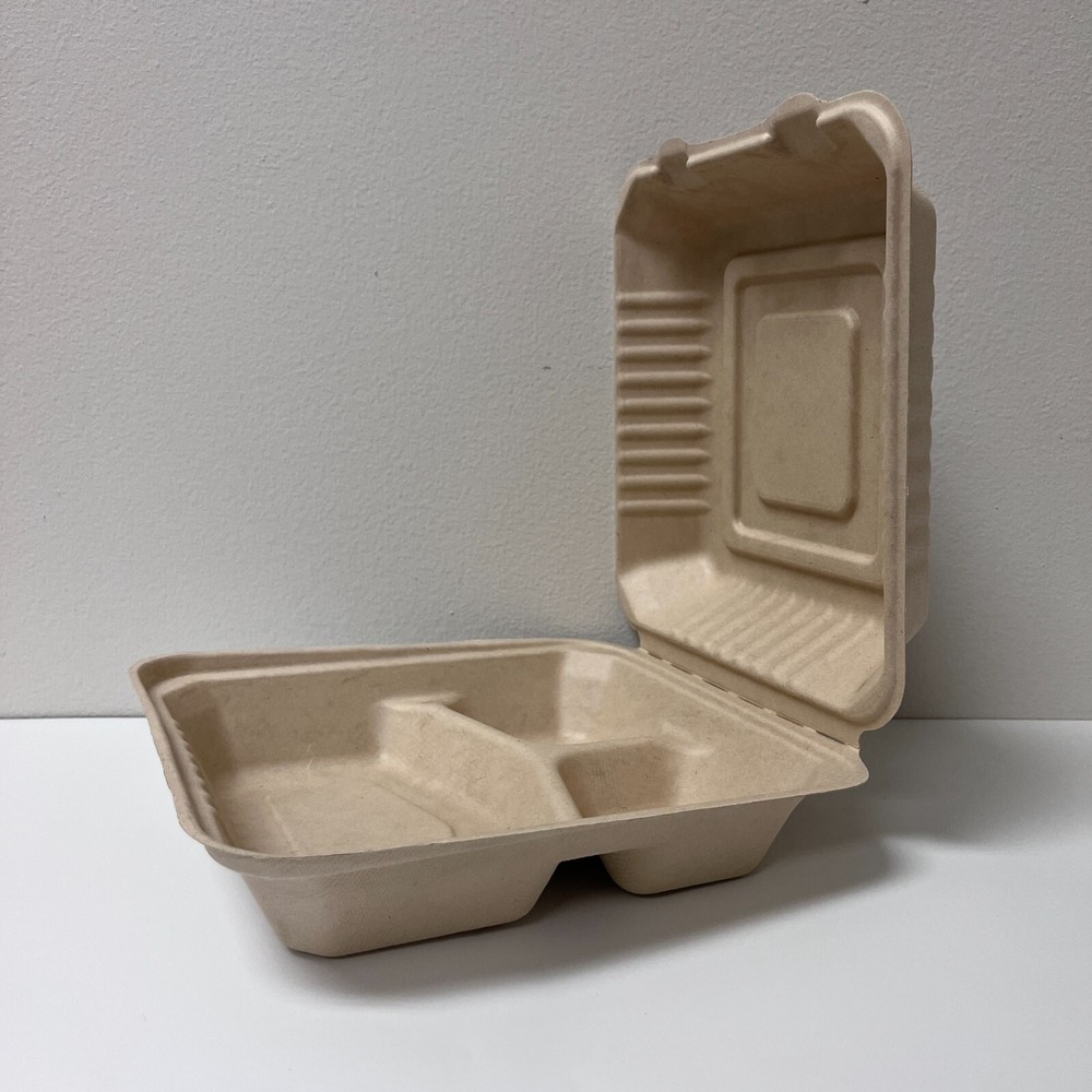 100Pack Sugarcane Biodegradable Clamshell Food Containers 3 Compartments 8"x8"