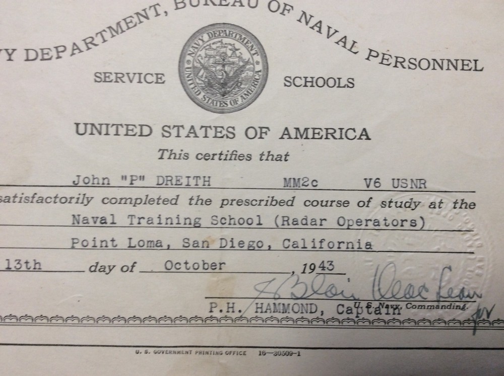 WWII 1943 Named Document Naval Training School Radar Operators Navy Point Loma