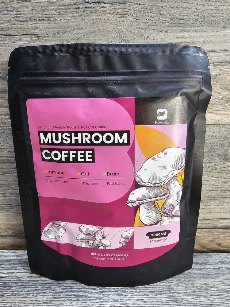 B Beworths Instant Medium Roast Mushroom Half Caf Coffee