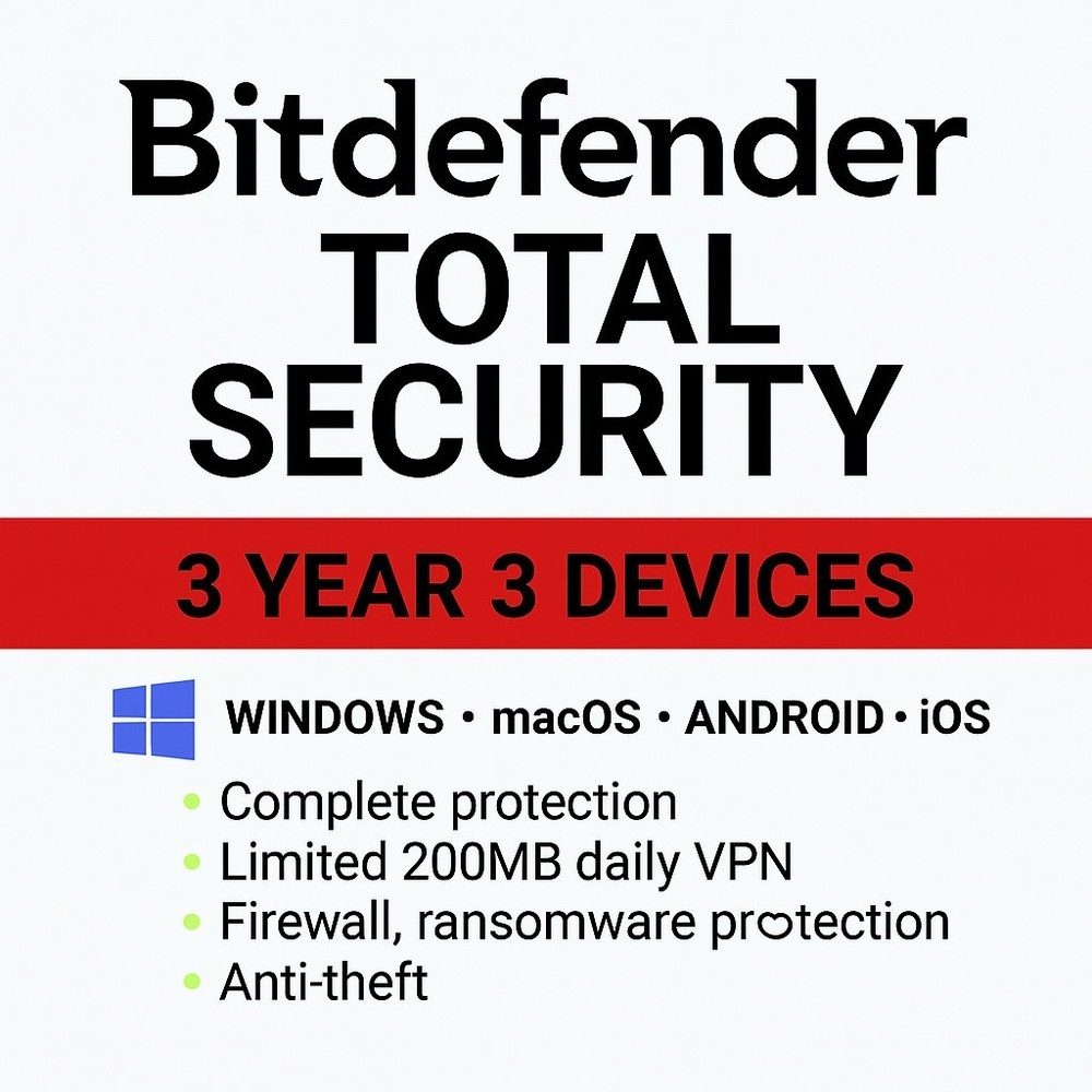 Bitdefender Total Security - 3 Years 3 Devices +  Daily VPN