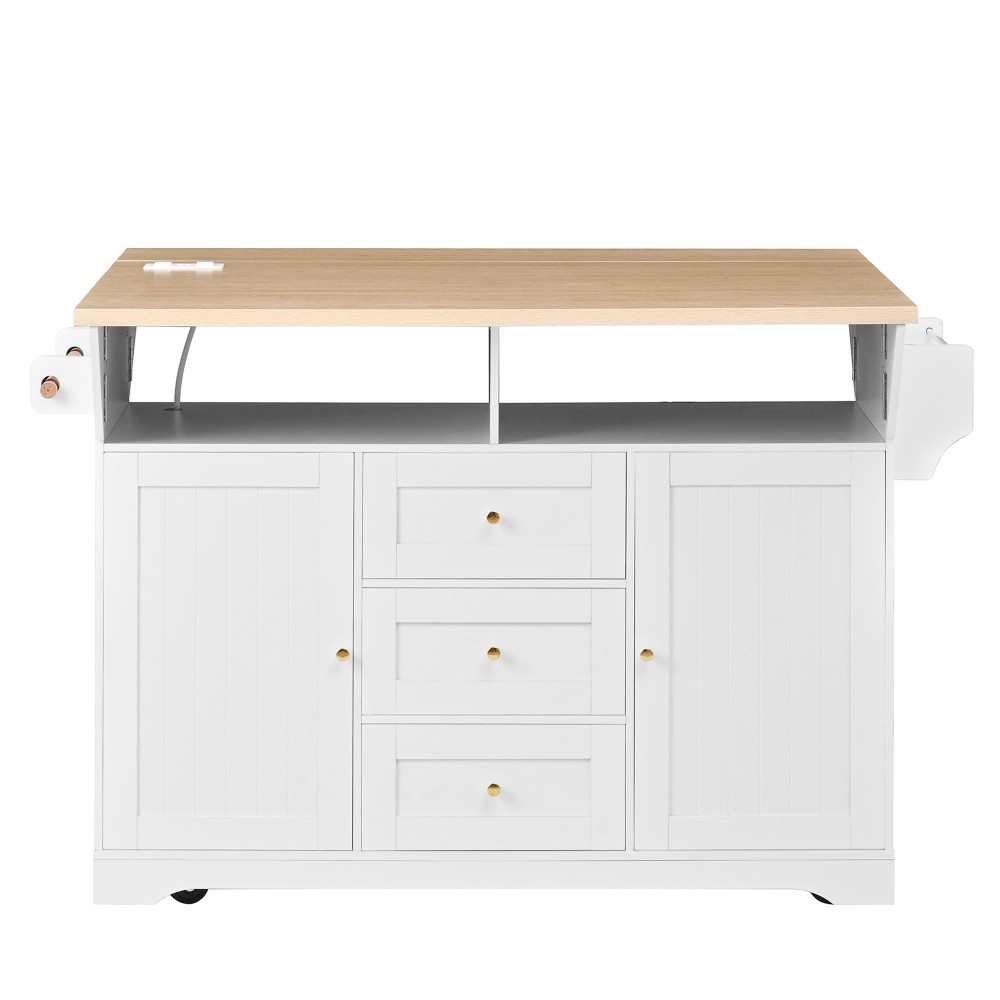Kitchen Island w/ Power Outlet Wheels, Extendable Dining Table Storage White