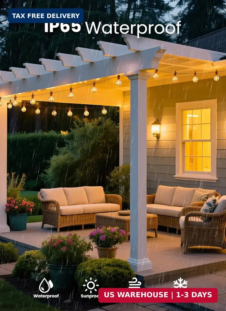 Outdoor String Patio Lights 100FT 50 LED String Lights Waterproof Connectable Sh