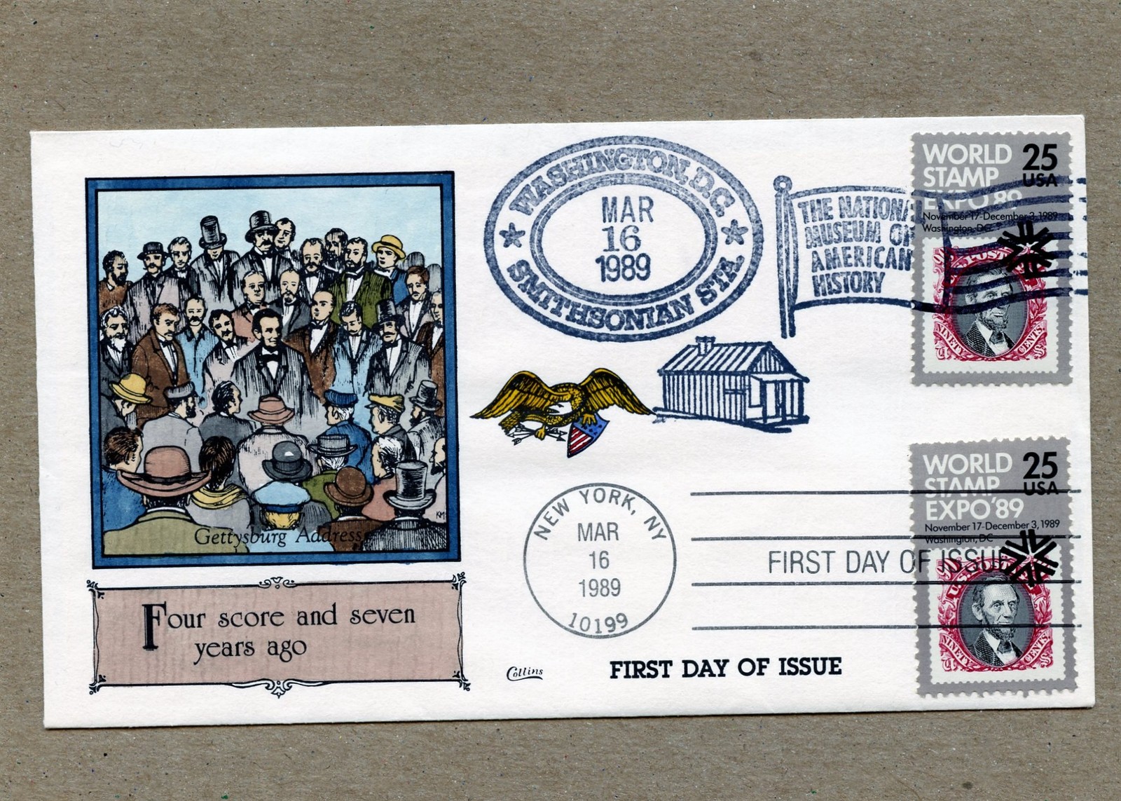 WWLF COLLINS FDC  1989 WORLD STAMP EXPO  2410   DOUBLE RED LINCOLN