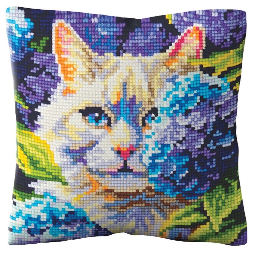 Collection D'Art Cat in Hydrangeas Pillow Cover Needlepoint Kit