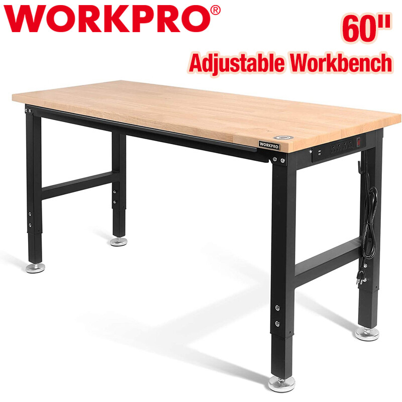 Workpro 60" Workbench Adjustable Height Work Table 2000LBS Load Rubber Wood Top