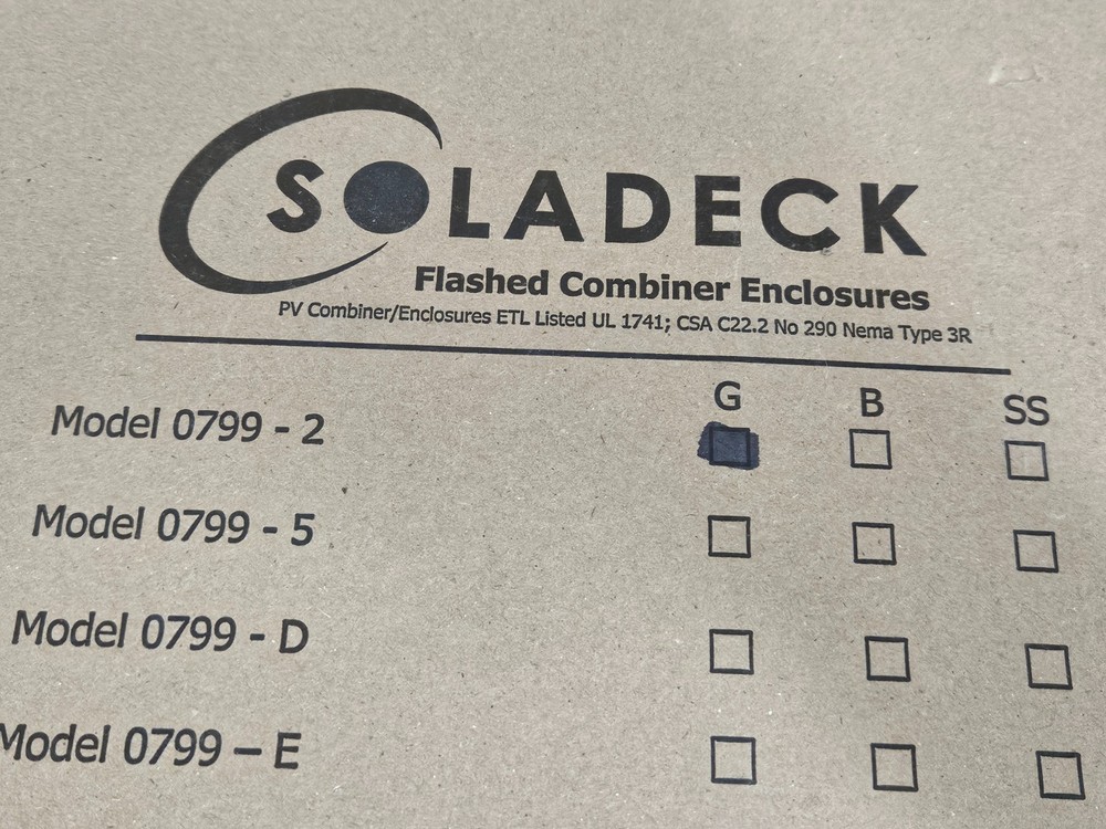 Soladeck Flashed Combiner Enclosure Model 0799–2 Gray for Solar Installations