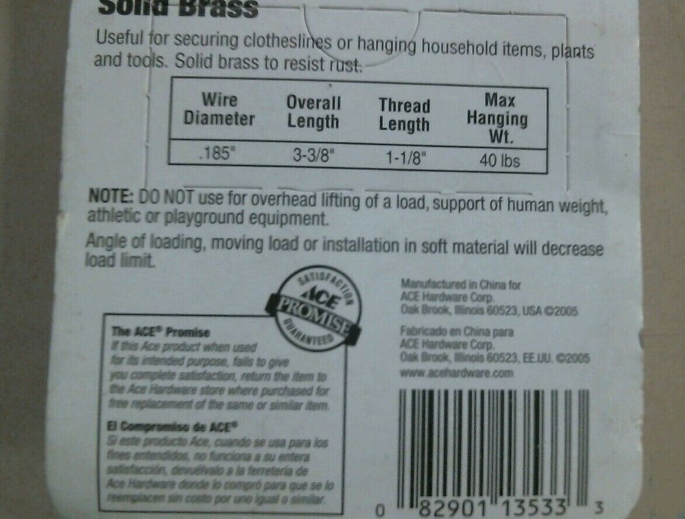 Ace 5029392, 3-3/8" Solid Brass Ceiling Hooks, 2 Pieces, FREE SHIPPING