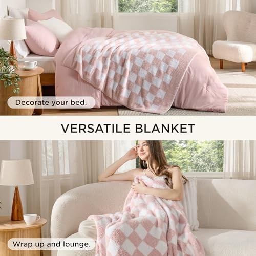 Comforter Set with Checkered Throw Blanket for Couch - 3 Twin 03 - Pink