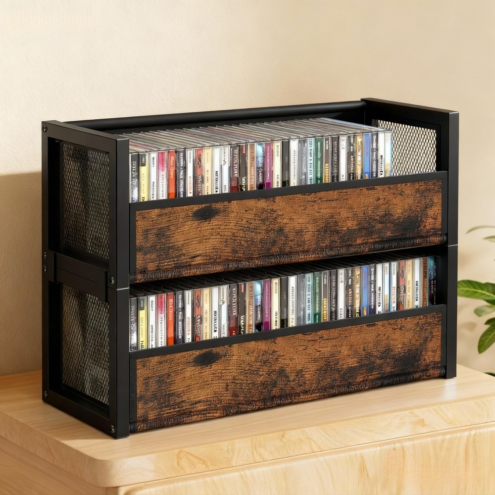 2-Tier CD Holder with Fabric Wood Grain Texture, Stackable CD Storage Case and B